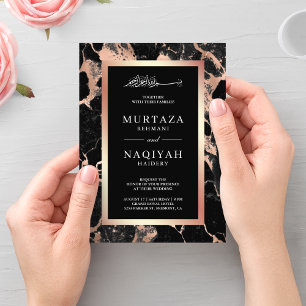Invitation Rose Gold Charcoal Marbre noir Mariage musulman