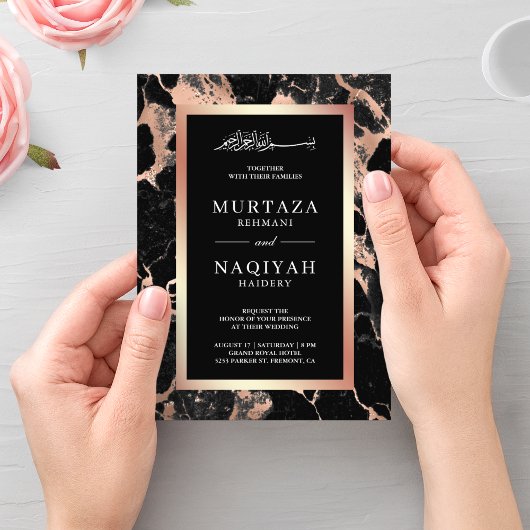 Invitation Rose Gold Charcoal Marbre noir Mariage musulman