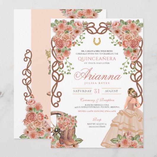 Invitation Rose Gold Charra style occidental Floral Quinceañe (Devant / Derrière)