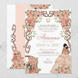 Invitation Rose Gold Charra style occidental Floral Quinceañe