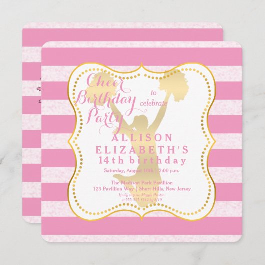 Invitation Rose | Gold Cheer Pom-pom girl fête d'anniversaire (Devant / Derrière)