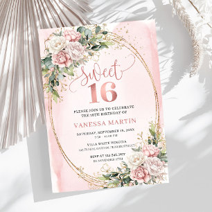 Invitation Rose Gold Chic Fleurs et Verdure Sweet Sixteen