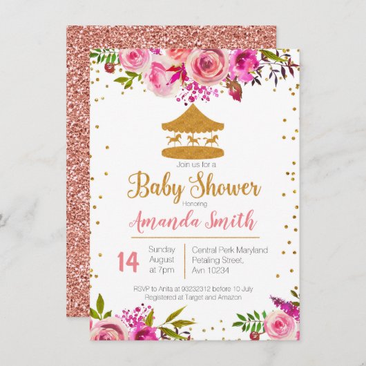 Invitation Rose Gold Circus baby shower (Devant / Derrière)