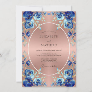 Invitation Rose Gold Cobalt Floral Mariage Élégant