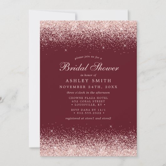 Invitation Rose Gold Confetti Bourgogne Fête des mariées mode (Devant)