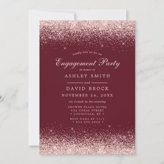 Invitation Rose Gold Confetti Bourgogne Fiançailles moderne (Devant)