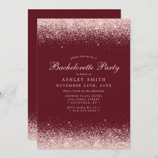 Invitation Rose Gold Confetti Bourgogne Moderne Bachelorette (Devant / Derrière)