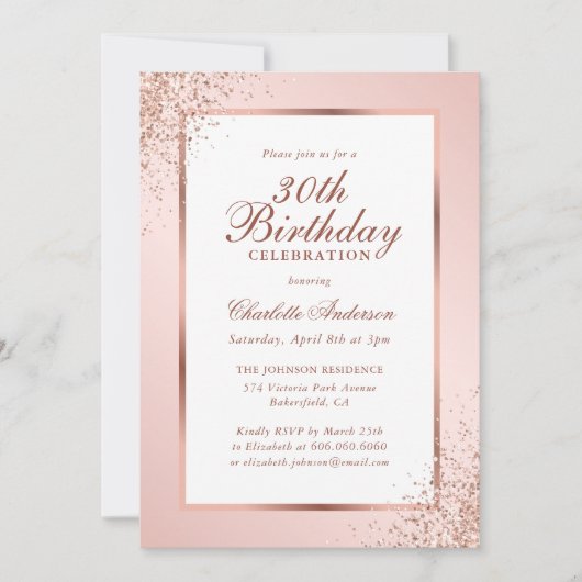 Invitation Rose Gold Confetti Cadre Blush Pink 30e anniversai (Devant)