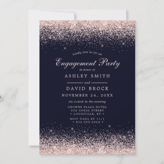 Invitation Rose Gold Confetti Marine Bleu Fiançailles moderne (Devant)