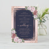 Invitation Rose Gold Confetti Marine Blue Blush Floral Mariag (Debout devant)