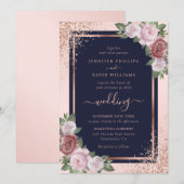 Invitation Rose Gold Confetti Marine Blue Blush Floral Mariag (Devant / Derrière)