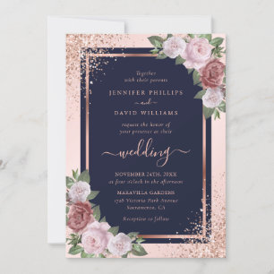 Invitation Rose Gold Confetti Marine Blue Blush Floral Mariag