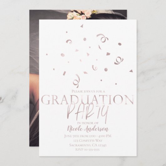 Invitation Rose Gold Confetti Moderne Graduation Party Photo (Devant / Derrière)