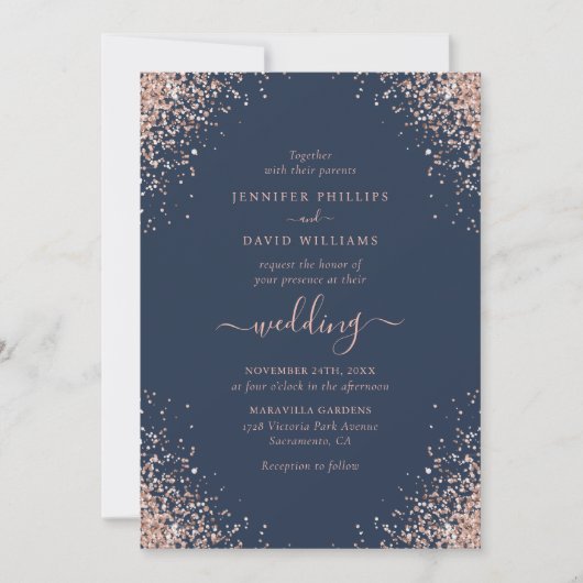 Invitation Rose Gold Confetti Parties scintillant bleu marine (Devant)