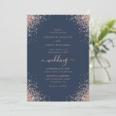 Invitation Rose Gold Confetti Parties scintillant bleu marine (Debout devant)