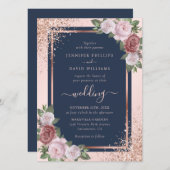 Invitation Rose Gold Confetti Parties scintillant Marine Blue (Devant / Derrière)