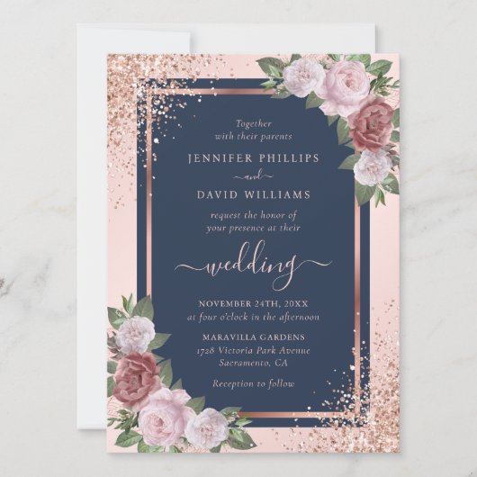 Invitation Rose Gold Confetti Parties scintillant Marine Blue (Devant)