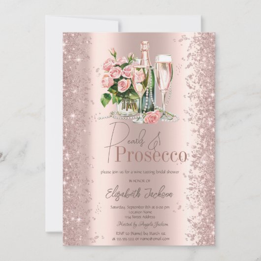Invitation Rose Gold Confetti Pearls Prosecco Fête des mariée (Devant)