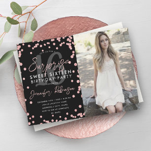 Invitation Rose Gold Confetti Photo Surprise Sweet 16