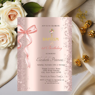 Invitation Rose Gold Confetti Pink Bow Baptême et Anniversair