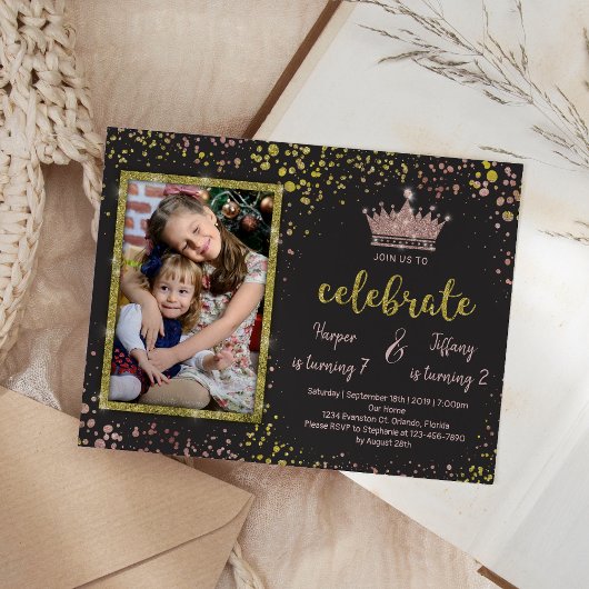 Invitation Rose Gold Confetti PRINCESS Frères Anniversaire Co