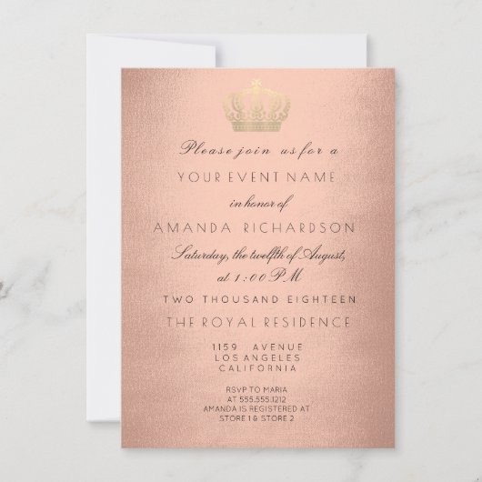 Invitation Rose Gold Couronne Parties scintillant royale 16e (Devant)