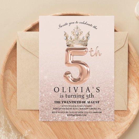 Invitation Rose Gold Crown 5th Birthday Party