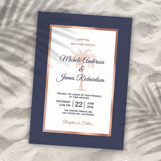 Invitation Rose Gold Cuivre Marine Blue Palm Tree Beach Maria
