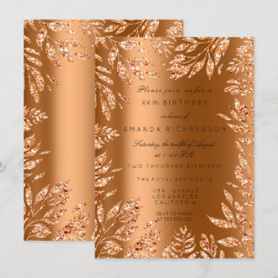 Invitation Rose Gold Cuivré Paillettes Feuilles Floral Cadre