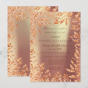 Invitation Rose Gold Cuivré Paillettes Feuilles Florales Cadr