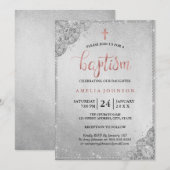 Invitation Rose Gold Diamond Dentelle  Croix Baptême (Devant / Derrière)