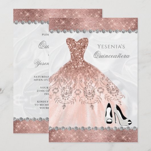 Invitation Rose Gold Diamond Sparkle Glam Quinceanera (Devant / Derrière)