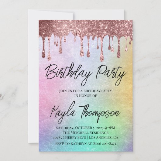 Invitation Rose Gold Drift Arc-en-ciel Anniversaire Fête Invi (Devant)