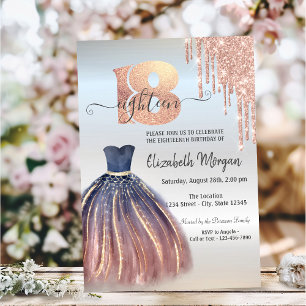 Invitation Rose Gold Drips Chic Robe Argent 18e anniversaire