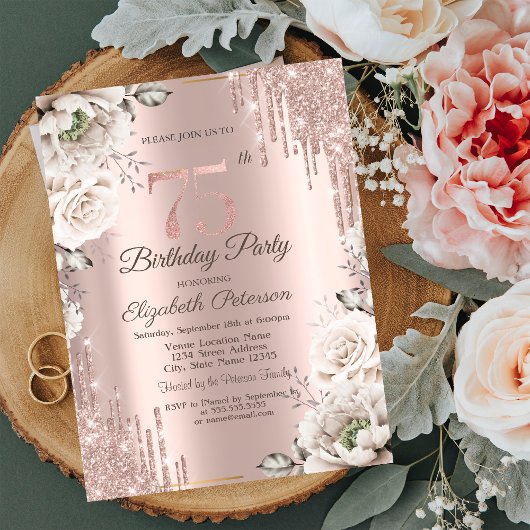 Invitation Rose Gold, Drips de Paillettes, Fleurs Blanches 75