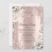 Invitation Rose Gold, Drips de Paillettes, Fleurs Blanches 75 (Devant)