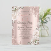 Invitation Rose Gold, Drips de Paillettes, Fleurs Blanches 75 (Debout devant)
