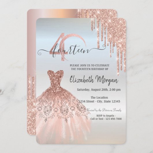 Invitation Rose Gold Drips Robe Argent 40e anniversaire (Devant / Derrière)