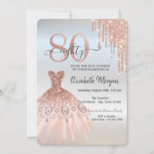 Invitation Rose Gold Drips Robe Argent 80e anniversaire (Devant)