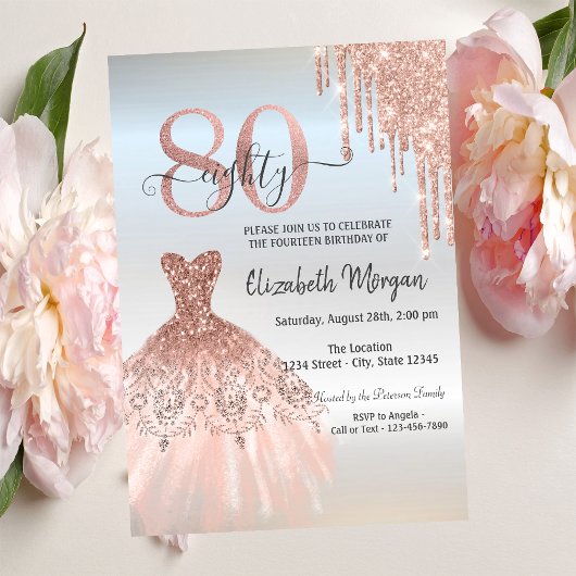 Invitation Rose Gold Drips Robe Argent 80e anniversaire