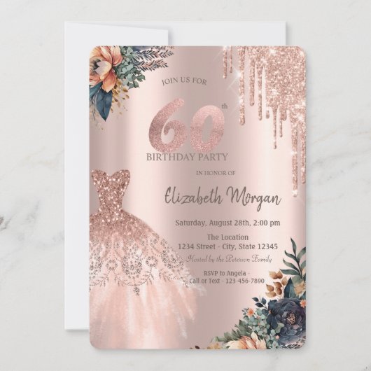 Invitation Rose Gold Drips Robe Moody Flowers 60e anniversair (Devant)