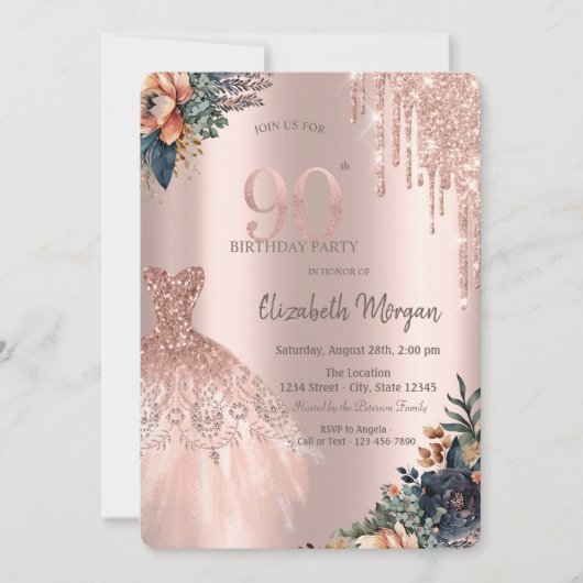 Invitation Rose Gold Drips Robe Moody Flowers 90e anniversair (Devant)