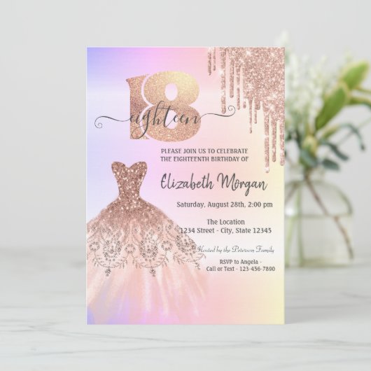 Invitation Rose Gold Drips robe Ombre 18e anniversaire (Debout devant)