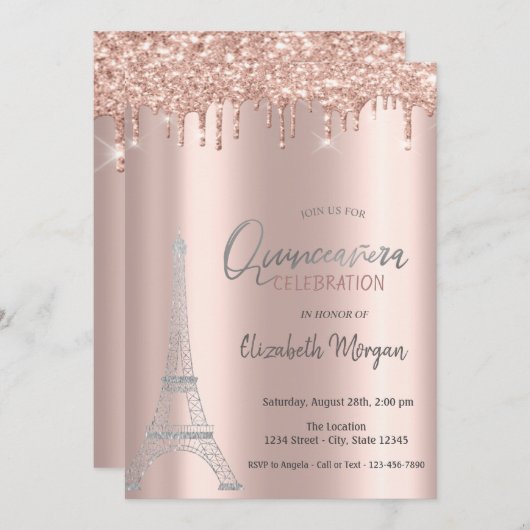 Invitation Rose Gold Drives, Tour Eiffel Quinceanera Invitati (Devant / Derrière)