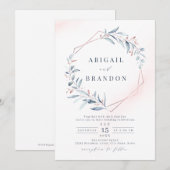Invitation Rose Gold Dusty Blue Greenery Mariage géométrique (Devant / Derrière)