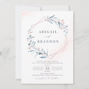 Invitation Rose Gold Dusty Blue Greenery Mariage géométrique