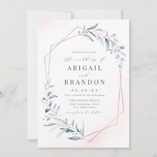 Invitation Rose Gold Dusty Blue Greenery Mariage géométrique