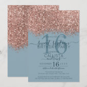 Invitation Rose Gold Dusty Blue Parties scintillant Confetti  (Devant / Derrière)