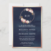 Invitation Rose Gold Dusty rose Floral bleu Mariage (Devant)