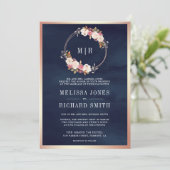 Invitation Rose Gold Dusty rose Floral bleu Mariage (Debout devant)